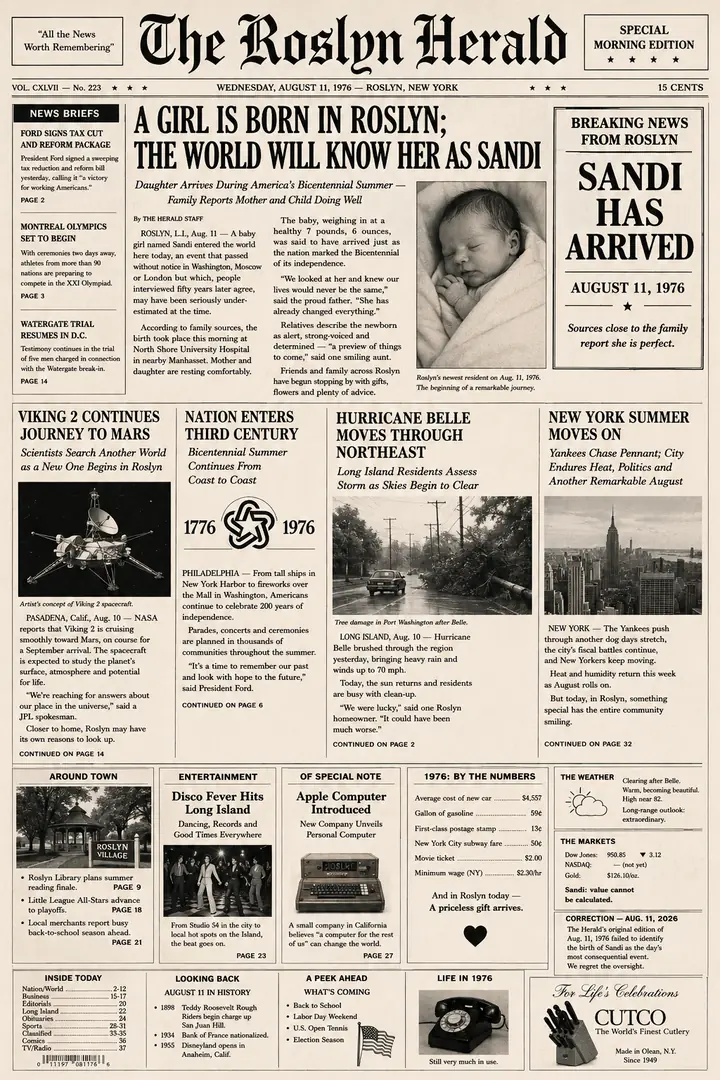 Front page of The Roslyn Herald, special morning edition dated Wednesday, August 11, 1976. The lead headline reads, 'A Girl Is Born in Roslyn; the World Will Know Her as Sandi.' A boxed announcement says, 'Sandi Has Arrived.' Supporting headlines cover Viking 2's journey to Mars, the United States Bicentennial, Hurricane Belle, New York summer, entertainment, Apple Computer, prices, weather, and Roslyn community news.